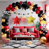 Movie Night Balloon Garland Arch Kit, Red Black Gold Balloons With Camera Star Foil Popcorn Flim Clapperboard Balloons For Birthdays Anniversaries Movie Theater Film Party Decorations