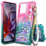 Compatible With Motorola Moto G-2025 Case Pink/Aqua | Bling Sparkly Glitter Floating Liquid Waterfall Cute Phone Cover For Women Girls Kids With Diamond Wrist Strap Lanyard