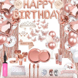 285 Pcs Rose Gold Party Decorations, Birthday Decorations For Women Or Girl - Knives, Forks And Spoons, Tiara, Butterfly, Sash, Paper Pom Poms, Balloon Stand, Tableware For 25 Guests