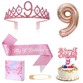 9Th Birthday Decoration For Girl - Sash, Rhinestone Crown, Cake Topper, Foil Balloon - Party Supplies (Rose)