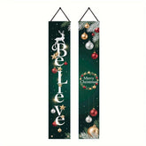 12X71 Inch Christmas Themed Birthday Porch Banner Suitable For Indoor/Outdoor Decoration, Equipped With Pine Branches, Decorations, And The Word Believe Durable Fabric, Suitable For Courtyard, Terrace, And Party Decoration.