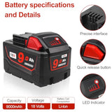 9Ah 18V Replacement Battery Compatible With Milwaukee M18 Xc 48-11-1840 48-11-1860 Cordless Power Tools Lithium Batteries