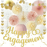 Champagne Gold Engagement Party Decorations - Engagement Banner, Heart Party Garlands, Tissue Paper Pom Poms, Fans And Lanterns Kit For Congratulations, Boho Engaged Decorations
