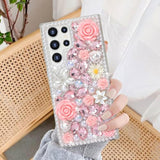 For Galaxy S24 Ultra Bling Case With Strap, Luxury Glitter Rhinestone Diamond Crystal Sparkle Rose Flower Pearl Floral Bracelets Soft Bumper Protective Case Cover For Women Girls Pink