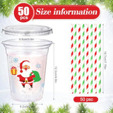 50 Sets Christmas Disposable Plastic Cups With Lids And Paper Straws 16 Oz Merry Christmas Clear Cold Beverage Drinking Cups For Xmas Holiday Party Supplies