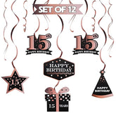 Happy 15Th Birthday Decorations - 12Pcs Birthday Black & Rose Gold Foil Swirls Streamer Set,Cheers To Fifteen Years Old Bday Party Decorations Gift Sign.