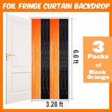 3 Pack Black Orange Foil Fringe Curtains 3.28x6.6ft Backdrop for Halloween Party Decor
