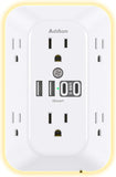 Surge Protector Outlet Extender 6 Outlets 4 USB Ports Night Light 1800J Wall Plug White