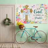 Spring Backdrop Christian Cross Banner With God All Things Are Possible Spring Easter Butterfly Flowers Wall Backdrops For Home Office Background Holiday Photo Prop, 43.3'' X 72.8''