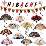 Hibachi Birthday Party Decorations - 14 Pcs Red Banner Pennant Garland Folding Fans Hanging Swirls Set Cherry Blossom Plum Dragon Asian Japanese Theme Supplies Favors Wall Ceiling Decor