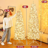 Pre-Lit Pencil Christmas Tree 7.5Ft Artificial Silver Tinsel Xmas Tree With Metal Stand