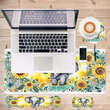 Keyboard Mouse Pad Set,Large Desk Pad+Keyboard Wrist Rest+Mouse Pad Wrist Support+Coaster,Easy Typing Pain Relief Non-Slip Mousepad Wrist Support Mousepad Set Home Office,Sunflower Elephant