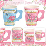 200 Pcs Floral Paper Tea Cups And Saucers 9 Oz Disposable Tea Party Cups Bulk With Handle And Plates For Tea Party Decoration Baby Shower Bridal Wedding Birthday