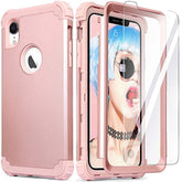 For Iphone Xr Case With Tempered Glass Screen Protector For Women, 3 In 1 Shockproof Slim Hybrid Heavy Duty Hard Pc Cover Soft Silicone Bumper Full Body Case, Rose Gold