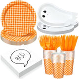 24 Set Halloween Party Tableware Paper Ghost Plates And Boo Napkins Plaid Cups Plastic Forks Knife For Halloween Party Supplies Spooky Baby Shower Happy Boo Day Birthday Decoration(Orange)