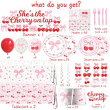 Pink Bow Party Supplies,208Pcs Coquette Birthday Party Decorations Includes Bow Cherry Paper Plates And Napkins,Cups,Banner,Tablecloth,Balloons,Serves 24 For Girls Bachelorette Party