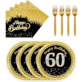 72-Piece 60th Birthday Party Set - Black & Gold Plates, Napkins for 24 Guests