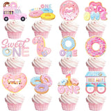 24 Pcs Donut Sweet One Birthday Party Decorations, Donut Party Cupcake Topper Decorations For Girls 1St Birthday Party Baby Shower Supplies