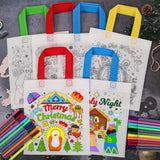 12Pcs Nativity Scene Goodie Bags With Paint Pens For Kids, O Holy Night & Joy To The World Coloring Gift Bags, Religious Christmas Reusable Canvas Bag Favors