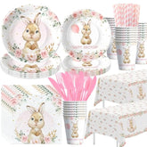 Bunny Birthday Decorations Tableware, Bunny Party Supplies, Paper Plate, Cup, Napkin, Tablecloth, Cutlery, Rabbit Bunny Party Decorations For Easter 1St 2Nd Birthday, Serves 24