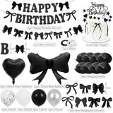 Black Bow Birthday Decorations, Happy Birthday Banner Garland And Hanging Swirls, 28Pcs Balloons, Cake Toppers, Bow Themed Party Decorations For Girls Women