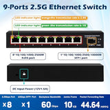 8 Port 2.5G Unmanaged Ethernet Switch 8X2.5Gbase-T Ports 1X10G Sfp+ Fiber Switch 60Gbps Bandwidth Desktop/Wall Mount Plug And Play Compatible With 100/1000/2500Mbps(9Port| 8×2.5G + 1×10G Sfp+)
