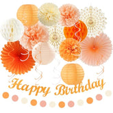 Orange-Beige Fal Boho Birthday Party-Decorations - 21Pcs Autumn One Two Sweet Peach Happy Banner,Girls Groovy Paper Streamers Lanterns Honeycomb,Tissue Pom Poms Fan,Hippie Garland Decor