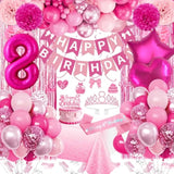 8Th Birthday Decorations For Girls, Pink Party Decorations With Number 8 Balloon Happy Birthday Banner Bday Sash Crown Tablecloth Fringe Curtain Hanging Swirl For 8 Balloons For Bday Girl