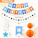 Pre-Strung Happy Birthday Banner — Orange & Blue with Honeycomb Balls, Stars, & Streamers