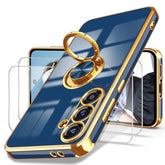 For Samsung Galaxy S24 Fe 5G Case, 2X Tempered Glass Screen Protector, 360° Rotatable Ring Holder Magnetic Kickstand,Plated Gold Edge Slim Soft Tpu Protective Cover For S24 Fe (Blue)