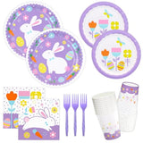 Bunny birthday Party Supplies Bunny Hop Disposable Tableware Set 9" Paper Plates 7" Dessert Plates 3 Ply Luncheon Napkins Cups Forks for Kids Rabbit Hop Party Spring Decorations, Serve 24