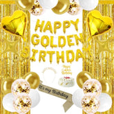Golden Birthday Party Decorations Includes Happy Golden Birthday Banner,Foil Fringe Curtains,Latex Balloons,Cake Topper,Sash,Tiara