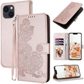 For Iphone 14 Case Wallet, Cute Floral Pattern Leather For Women Girl, Card Holder Kickstand Flip Cases, Wrist Strap, Magnetic Closure, Shockproof Protective Cover (Rose Gold)