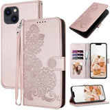 For Iphone 14 Case Wallet, Cute Floral Pattern Leather For Women Girl, Card Holder Kickstand Flip Cases, Wrist Strap, Magnetic Closure, Shockproof Protective Cover (Rose Gold)