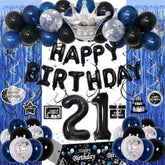 73pcs Blue Black 21st Birthday Decor Set with Balloons, Banner & Tablecloth