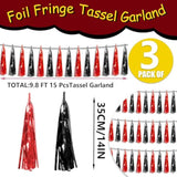 3P Metallic Fringe Tassel Banner Garland Foil Tinsel Streamer Wall Hanging Curtain Backdrop Banner For Parade Floats, Halloween Decorations, Christmas Day Party Decoration(Black Red)