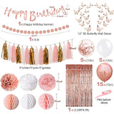 Upgraded Rose Gold Pink Party Decorations With Happy Birthday Banner, Curtains, Butterfly Wall, Circle Dots Garland, Tissue Pompoms, Paper Tassels Garland For Women'S Party Decorations