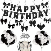 Black Bow Party Decorations — Happy Birthday Banner, Garland & Cake Toppers