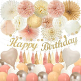 Boho Birthday Decorations, Happy Birthday Banner, Tassel Garland, Peach Paper Lanterns, Tissue Pom Poms Fan, With Beige Dusty Pink Balloon Garland For Women Grils Boho Birthday Decor Party Supplies