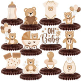 12Pcs Neutral Cream Bear Honeycomb Centerpieces – Baby Shower Table Decorations (Brown)