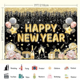 Happy New Year 2026 Banner Backdrop 7x5ft Black & Gold Party Decor