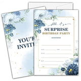 Shhh It'S A Surprise Birthday Invitations For Kids, Blue Floral Birthday Party Invitation Cards, Gold Foil Party Celebration Supplies Decoration -20 Fill In Invitations With Envelopes (B13)
