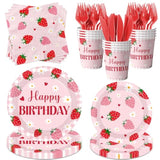 Strawberry Birthday Decorations For Girls, Berry First Birthday Plates And Napkins With Cups Forks And Knives Berry First Birthdays Decor Strawberry Party Decorations For Fruit Theme Party, Serve 24