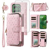 Phone Cover for Motorola Moto G Power 5G 2025 Wallet Case Cell Zipper with Tempered Glass Screen Protector Crossbody Lanyard Strap Bling Glitter Flip