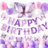 Butterfly Birthday Decor Set – Banner, Spirals, Honeycomb Balls & Foil Balloon, Pink/Purple