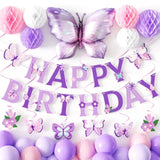 Purple Pink Birthday Party Decorations - Happy Birthday Banner, Spiral Pendant, Honeycomb Ball With Big Butterfly Foil Balloon