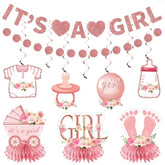9Pcs Pink Rose Gold Baby Shower Decorations Kit For Girl, Floral It'S A Girl Gender Reveal Banner Table Centerpiece Hanging Swirls Set, Pregnancy Announcement Circle Dot Garland Banner Party Supplies