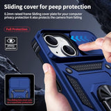 For Iphone 15 Plus Case, Slide Lens Cover, Hd Screen Protector, Military Grade Drop Protection, Magnetic Rotated Ring Holder Kickstand Protective Phone Case (Navy Blue)
