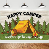Camping Themed Party Decorations Happy Camper Banner Backdrop 5.9 X 3.6 Ft, Outdoor/Indoor Family Camp Gatherings Decor Forest Campfire Photo Background Camping Birthday Party Supplies
