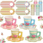 200 Pcs Floral Paper Tea Cups And Saucers 9 Oz Disposable Tea Party Cups Bulk With Handle And Plates For Tea Party Decoration Baby Shower Bridal Wedding Birthday